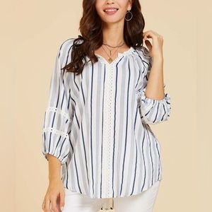 Suzanne Betro Weekend | White & Navy Stripe Jacquard Three-Quarter Sleeve Tunic
